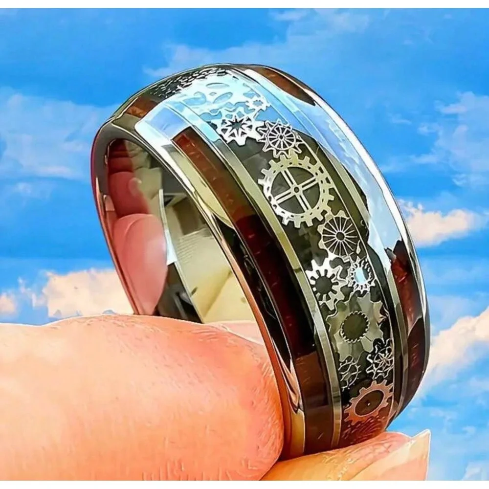 Steampunk Gear Inlay Band Ring Silver Tone Industrial‎ Mechanical Clockwork Ring